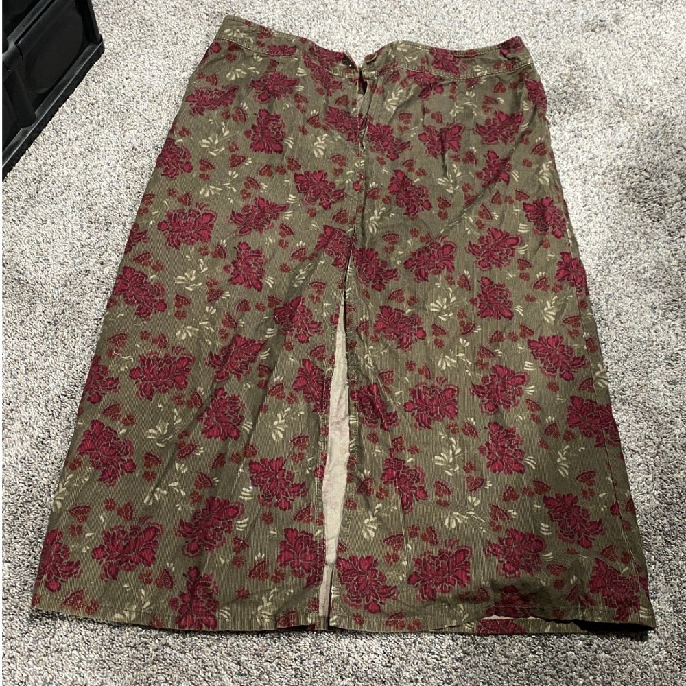 Eddie Bauer Skirt Corduroy Floral Midi Green Red Size 14 Excellent